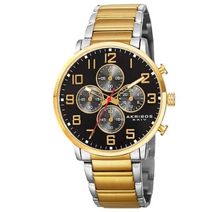 New Men's Akribos XXIV AK810TTG Two-tone Chrono Black Dial Stainless Steel Watch - Picture 1 of 7