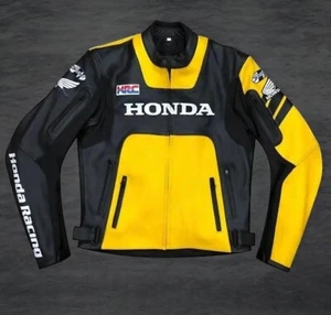 HONDA Beautiful Yellow Racing Motorcycle Real Leather Jacket - Picture 1 of 5