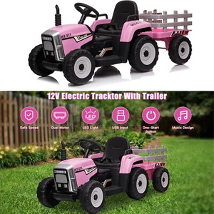 12V Kids Electric Battery-Powered Ride On Toy Tractor with Trailer Pink USA - Picture 1 of 12