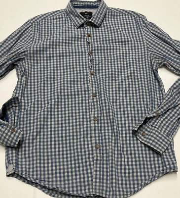 1991 年棉纽扣衬衫男式中号蓝色和灰色标准版型休闲工作 — 第 1/4 张图片