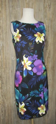 Vestido justo AGB feminino tamanho 6 preto roxo azul floral tropical sem mangas - Imagem 1 de 4