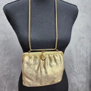 Vintage 60s 70s Gold Lame Clutch 6" Purse Chain Holiday Party Dressy Sparkly - Picture 1 of 17