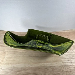 Vintage Ashtray Unmarked MCM Ceramic Abstract Green Swirl Leaf Drip Glaze - Picture 1 of 9