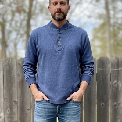 L.L. Bean Mens LG Blue Mock Neck Long Sleeve Shirt Henley Waffle Knit Mock Neck - Image 1 of 4