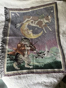 Vtg 90's The Rug Barn Folk Art Cow Jumped Over Moon Wall Tapestry Throw Blanket - Picture 1 of 6