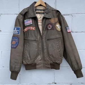 Vtg Excelled Leather Bomber Jacket Map Lining USA Patches Fire Dept Airborne M - Picture 1 of 10