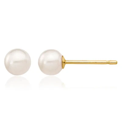 14K Solid Yellow Gold 4mm White Round Akoya Saltwater Cultured Pearl Stud ... - Image 1 of 4