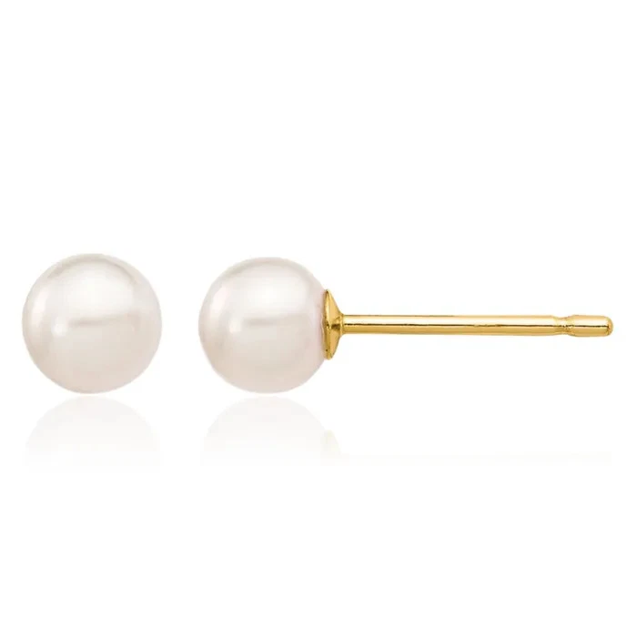14K Solid Yellow Gold 4mm White Round Akoya Saltwater Cultured Pearl Stud ... - Image 1 of 4
