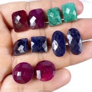 113.50 Cts/10 Pcs Natural Multi Color Ruby Emerald Sapphire Mix Cut Gems 5 Pairs - Picture 1 of 5