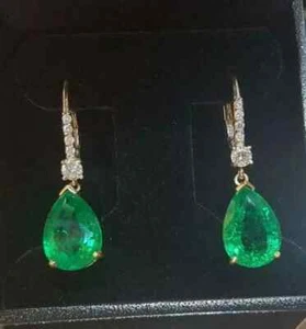 4Ct Pear Lab-Created Green Emerald Drop Dangle Earrings 14K Yellow Gold Plated - Picture 1 of 4