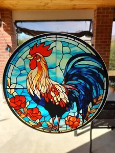 Round Stained Glass Looking Rooster Window Cling Reusable Removable NEW FREEPost - Picture 1 of 2