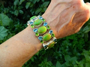 Bold Green Stone Blue Topaz Peridot Silver 925 Bracelet 7"- 8" - Picture 1 of 6