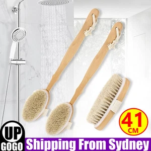 Body Bath Brush Scrub Back Massager Scrubber Long Handle Natural Wooden Shower A - Picture 1 of 10
