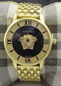 Luxury Versace Women Black Dial Gold Plated Case/Band Quartz Wristwatch - Picture 1 of 8