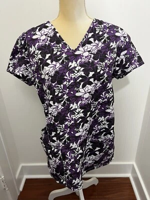 Blusa Médica Médica Veterinaria Floral Púrpura Blanca Negra Talla Mediana B para Mujer Foto 1 de 4