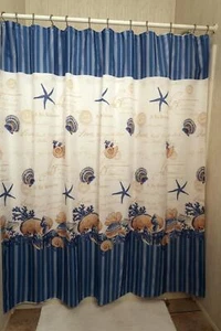 Caribbean Joe Tropical Shells and Stripes Fabric Shower Curtain - Picture 1 of 8