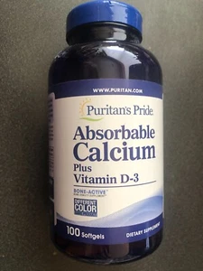 New Puritans Pride Absorbable Calcium 1300mg +Vitamin D3 25mcg 100 Softgels Bone - Picture 1 of 6