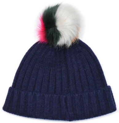 *NUEVO* J.Crew Gorro acanalado para mujer con pompón de piel sintética a rayas - Azul marino *NUEVO CON ETIQUETAS* Foto 1 de 4
