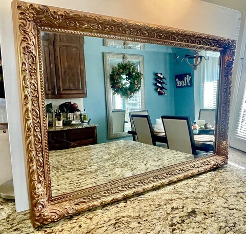 Vintage Mid Century Ornate Gold Hollywood Regency Wall Mirror Plastic Cover