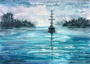 Original Watercolor Painting Mysterious Ship in Blue Bay Lagoon Blue Seascape - Picture 1 of 4
