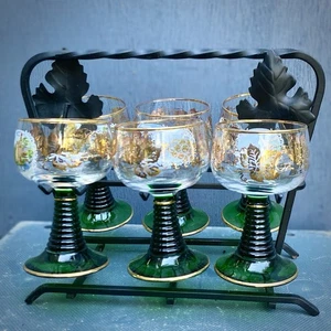 Vintage Luminarc Wine Hock Glasses x6 & Iron Stand German Motifs - Excellent - Picture 1 of 6
