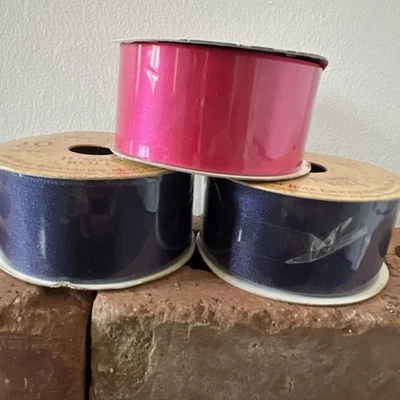 Ribbon Spools Lot 2 Navy Blue & 1 Fuchsia Hot Pink 1.5"x 30 ft Woven Edge NEW - Image 1 of 4
