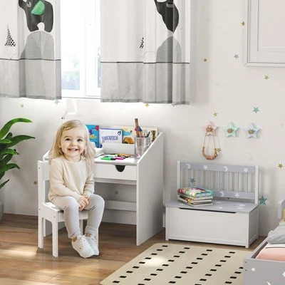 Mesa infantil Qaba com conjunto de cadeira e banco de armazenamento caixa de brinquedos infantil para quarto - Imagem 1 de 4