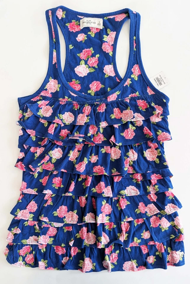Nueva con etiquetas Camiseta sin mangas azul con volantes florales con volantes espalda deportiva Abercrombie & Fitch para mujer talla S Foto 1 de 4