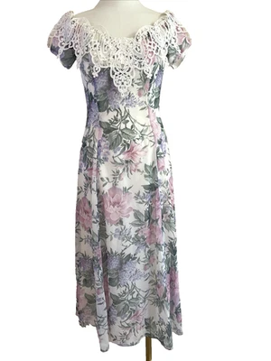 复古 80 年代 Scott McClintock Midi 连衣裙 6 码花卉透明蕾丝领茶会 — 第 1/4 张图片