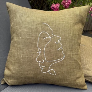 Faces people Line Art embroidery Linen fabric Sofa Bed Chair lounge Cushion 16" - Picture 1 of 1