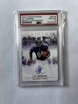 2020 Panini Origins J.K. Dobbins RC RAJK Rookie On Card Autograph PSA 10 POP 10 - Image 1 of 2