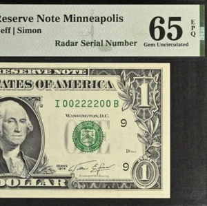 1974 $1 Federal Reserve Note PMG 65EPQ Gem Fancy Radar Serial Number 00222200 - Picture 1 of 3