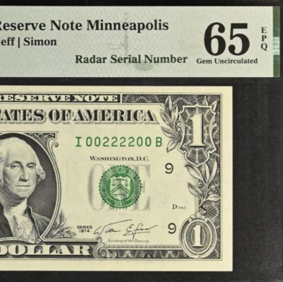 1974 $1 Federal Reserve Note PMG 65EPQ Gem Fancy Radar Serial Number 00222200 - Image 1 of 3