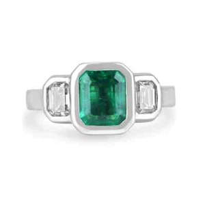 2.25tcw GIA Certified Zambian Emerald & Diamond Bezel Set Three Stone Ring 14K - Picture 1 of 10