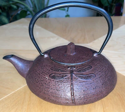 Red Cast Iron Teapot Tea Pot Dragonfly Vintage Asian Style Cool Heavy - Image 1 of 4