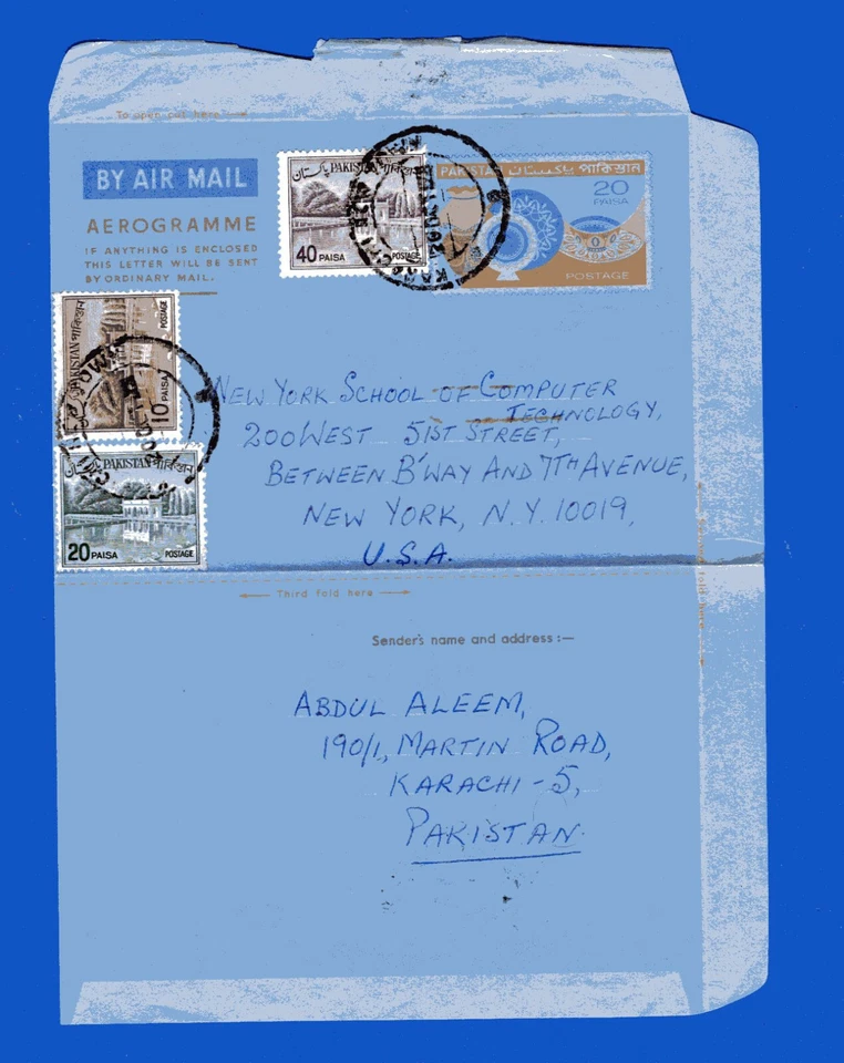 PAKISTAN TO USA, AEROGRAMM + STAMPS - Image 1 of 1