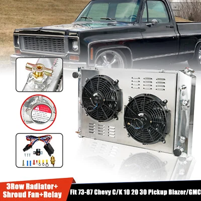 Core 3Row Radiator+Shroud Fan Relay Fit 73-87 Chevy C/K Series Pickup Blazer/GMC - Image 1 of 4
