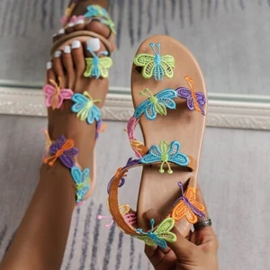Butterfly Colorful Large Sandals Women's Ethnic Style Flat Bottom Low Heels - Picture 1 of 11