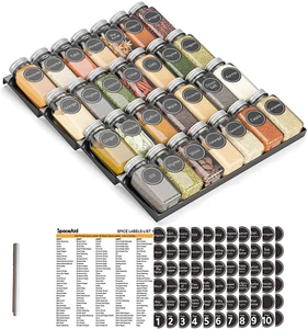 Spice Drawer Organizer with 28 Spice Jars, 386 Spice Labels, 4 Tier Seasoning Ra - Picture 1 of 12