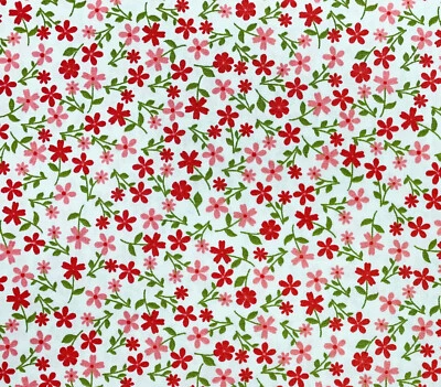 100% Cotton Fabric Small Pink & Red Floral Ditsy Flower on Ivory Craft Material - Image 1 of 3