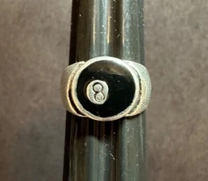 Vintage Silvertone and Enamel Eight Ball Ring Size 7.5 Pool Snooker - Picture 1 of 6