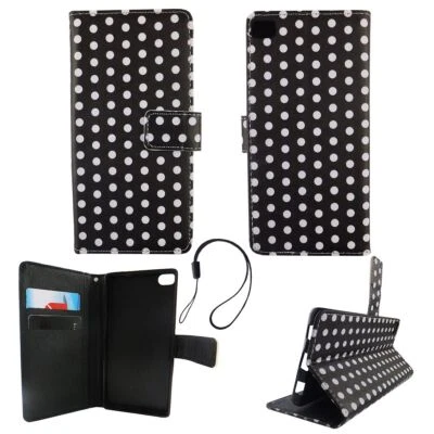 Custodia Protettiva per Huawei P8 Polka Dot Nero Case Wallet a Libro Stile Nuovo - Immagine 1 di 2