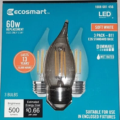 NEW EcoSmart 60-Watt BA11 Dimmable Edison LED Light Bulb Soft White (3-Pack) - Image 1 of 2