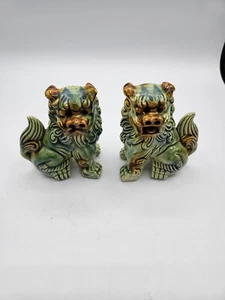 VTG. Ceramic Foo Dog Figurines Blue,Green,Brown Glaze - Picture 1 of 6
