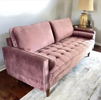 New Rose Gold Couch Velvet Pink Sofa Mid Century Modern Vintage Style Loveseat - Image 1 of 4