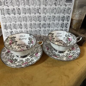 TWO Elizabethan 25th Silver Wedding Anniversary Teacup & Saucer Set Pink Roses - Picture 1 of 15
