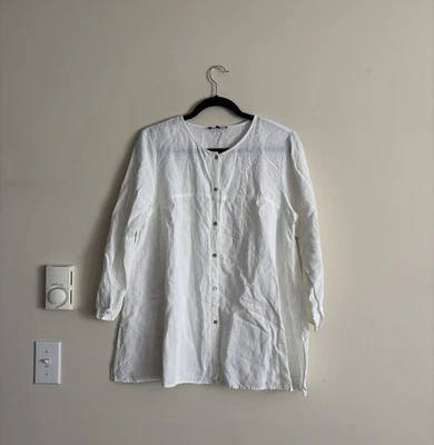 Eileen Fisher Petite Medium PM Button Up Blouse White Linen Minimalist Coastal - Image 1 of 4