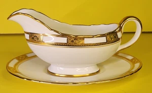 Aynsley Empress White "8510" Gravy Boat & Underplate Gold Encrusted & Panels 8" - Picture 1 of 24