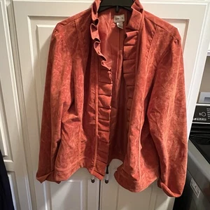Chico's Corduroy Brocade Orange Jacket Ruffle Open Front Textured Size 3 (XL) - Picture 1 of 8