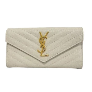 Auth SAINT LAURENT PARIS Monogram large flap wallet 372264 Cream Leather - - Picture 1 of 5